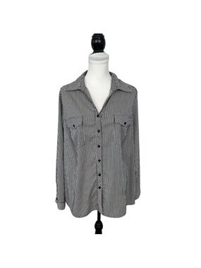 Notations Blouse Plus Size 2X Striped Black White Collared Button-Down Roll Tab